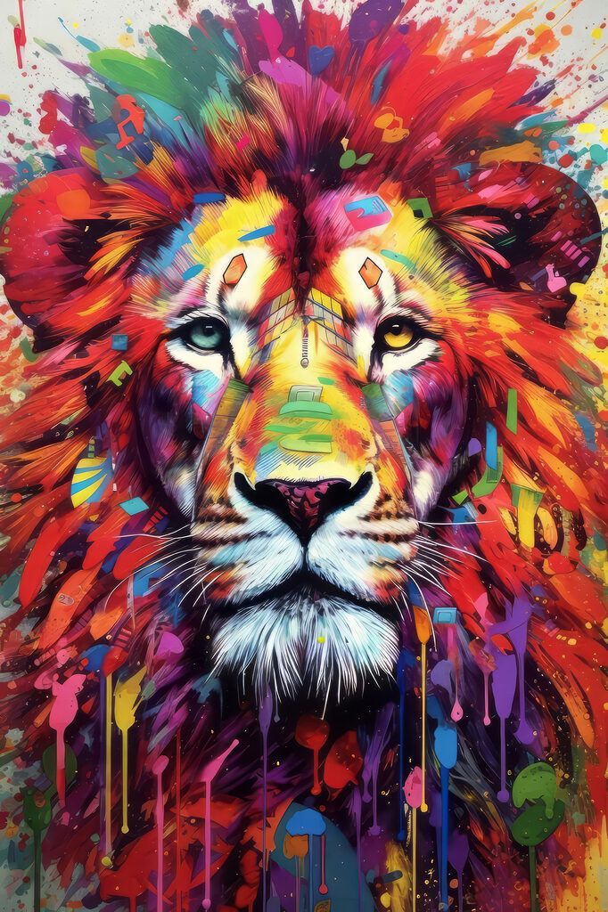 A colorful lion with white whiskers A colorful lion with white whiskers