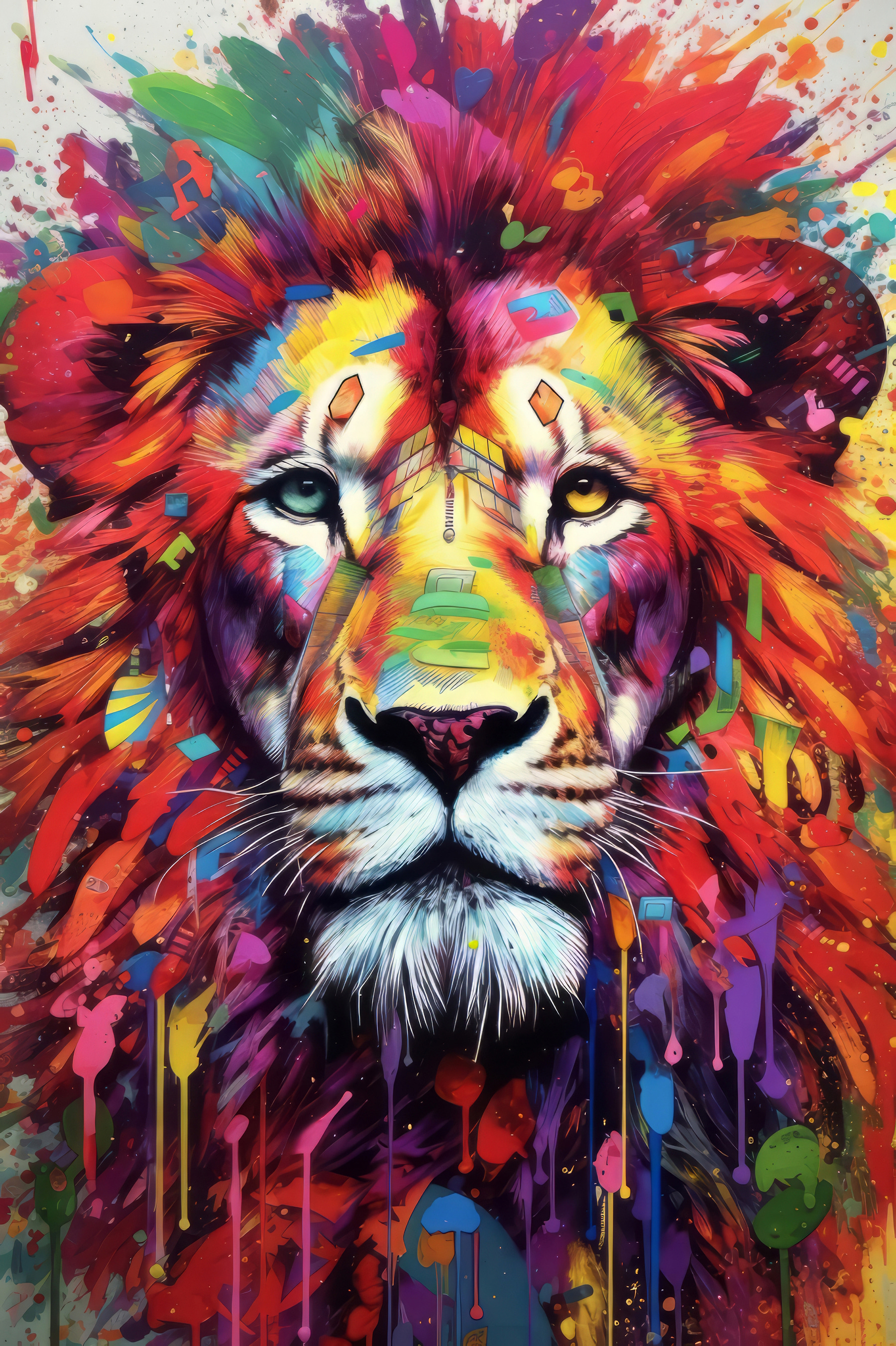 A colorful lion with white whiskers A colorful lion with white whiskers