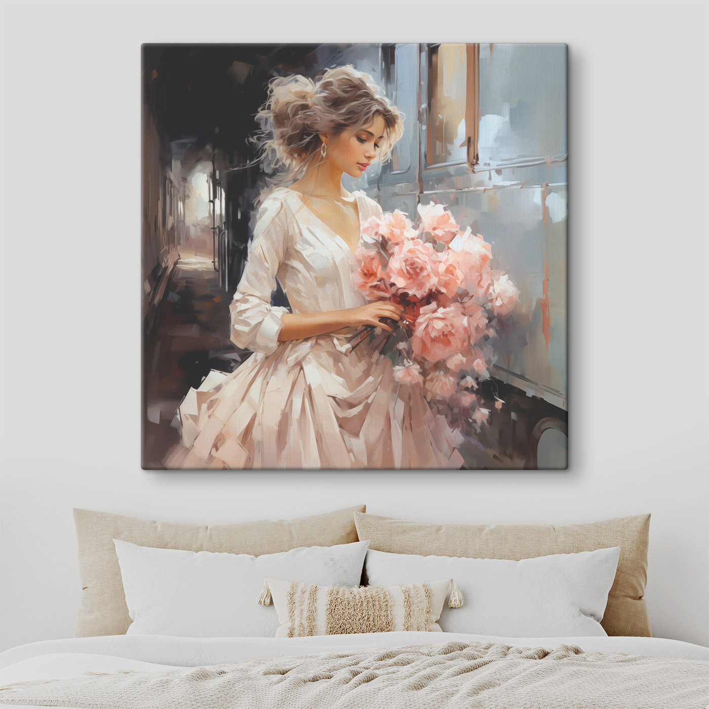 A woman holding flowers in a train A woman holding flowers in a train
