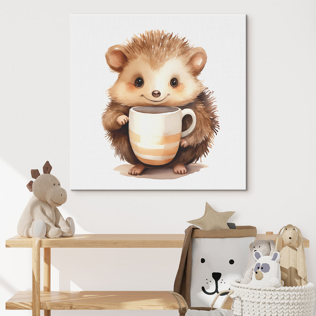 A watercolor of a hedgehog holding a cup