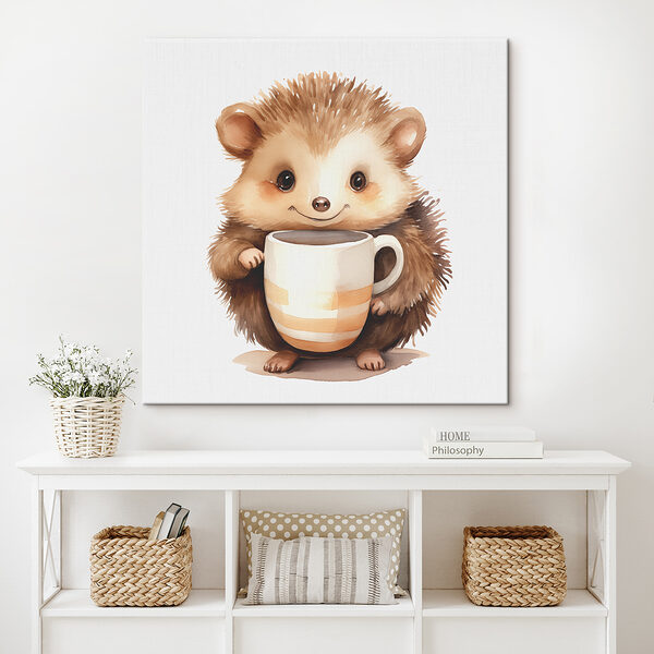 A watercolor of a hedgehog holding a cup