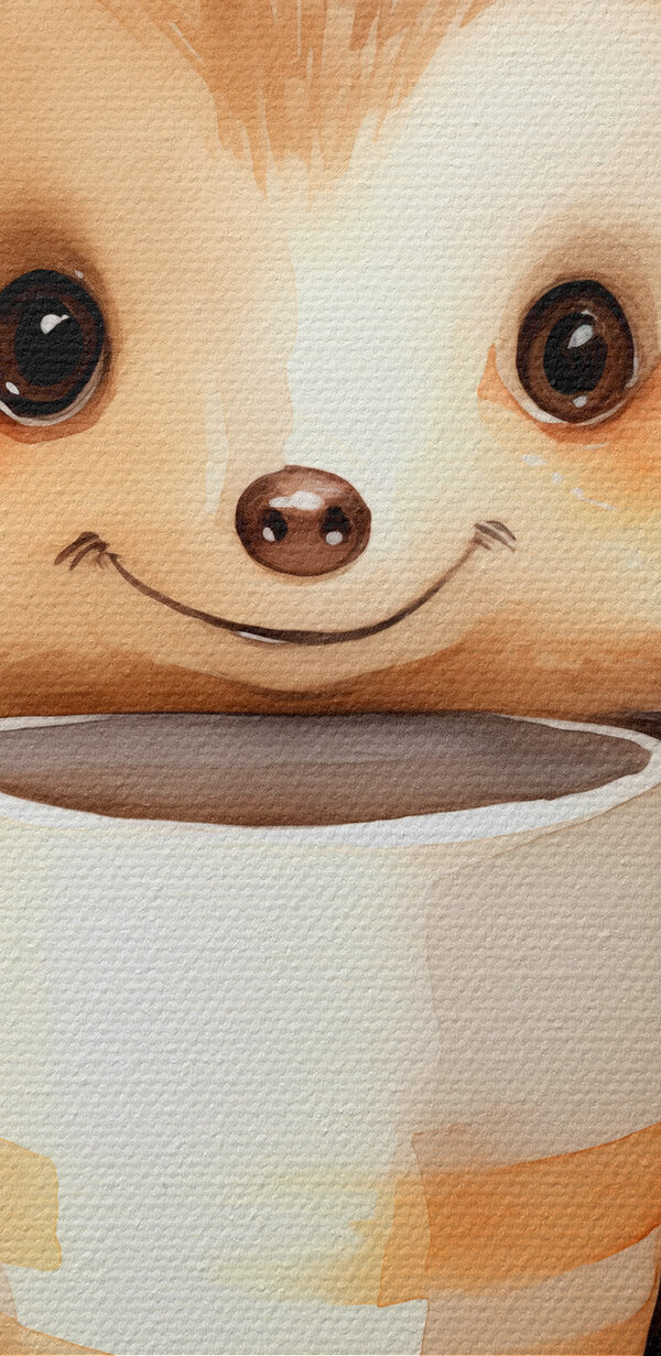 A watercolor of a hedgehog holding a cup