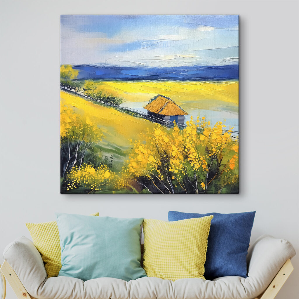 A painting of a house in a field of yellow flowers