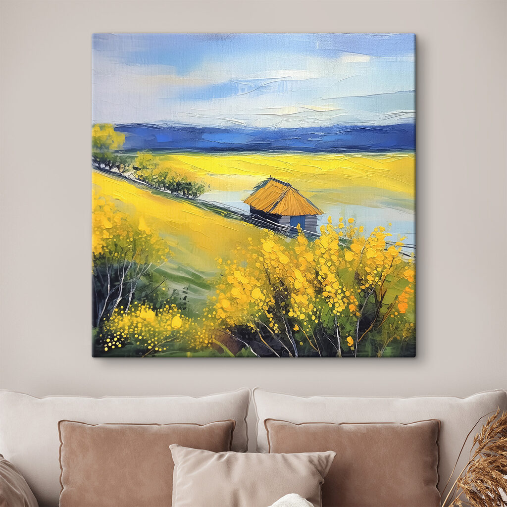 A painting of a house in a field of yellow flowers