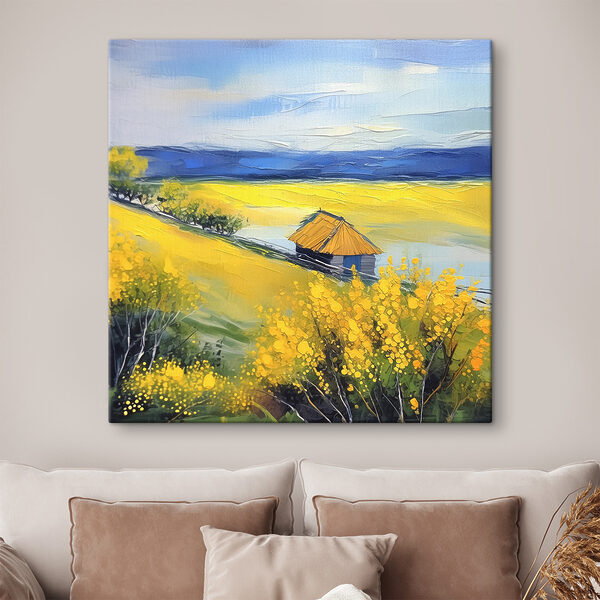 A painting of a house in a field of yellow flowers