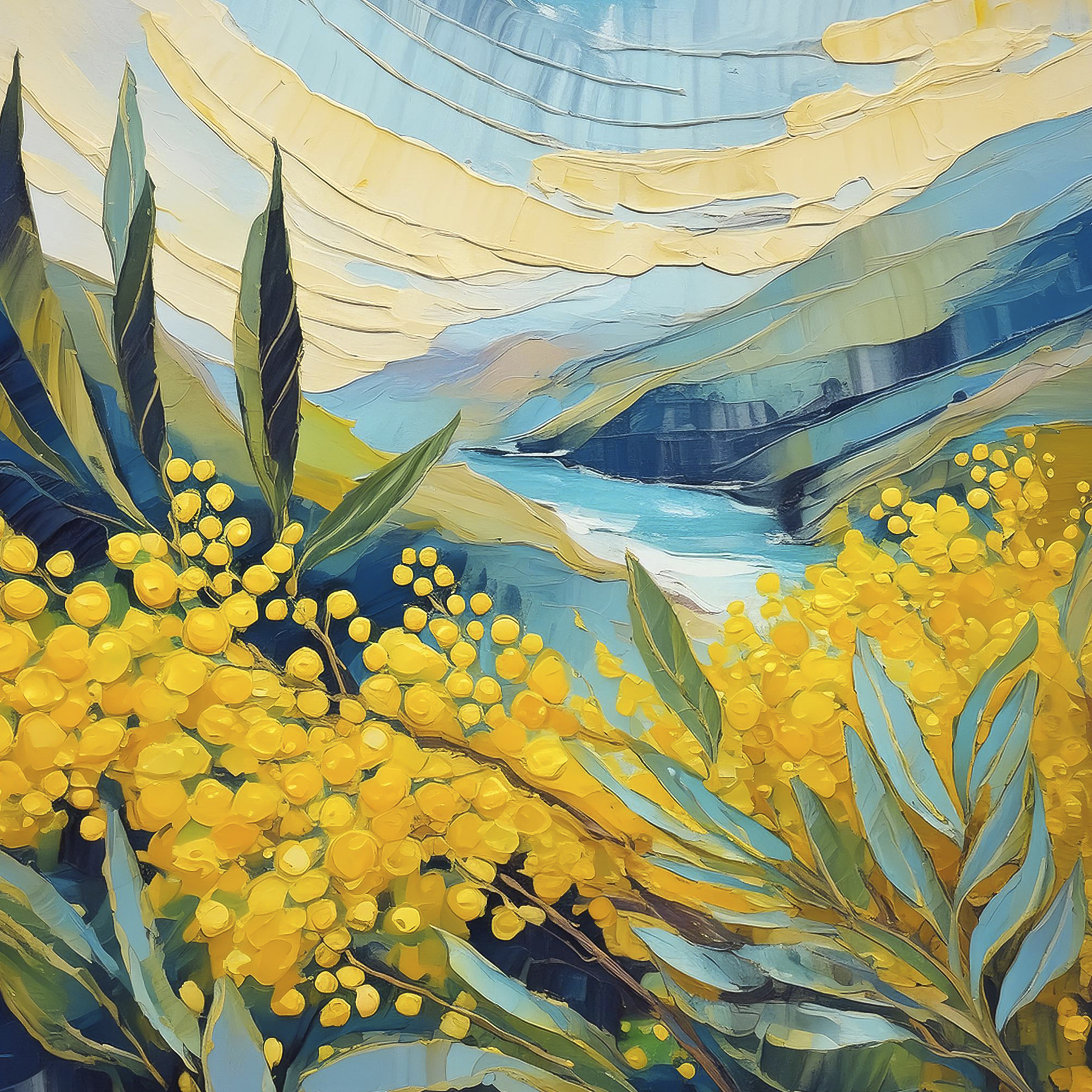 A painting of yellow flowers and blue mountains A painting of yellow flowers and blue mountains
