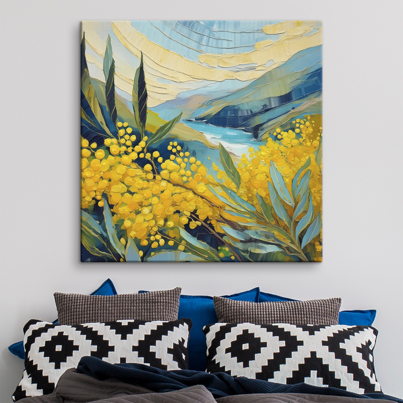 A painting of yellow flowers and blue mountains A painting of yellow flowers and blue mountains