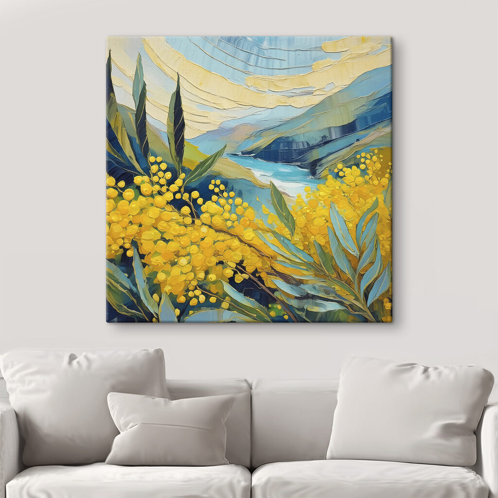 A painting of yellow flowers and blue mountains A painting of yellow flowers and blue mountains