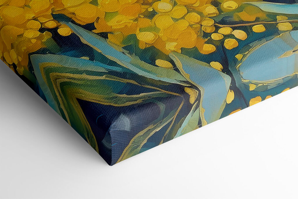A painting of yellow flowers and blue mountains A painting of yellow flowers and blue mountains