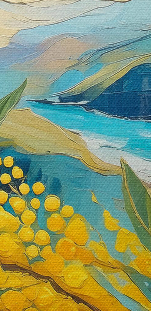 A painting of yellow flowers and blue mountains A painting of yellow flowers and blue mountains