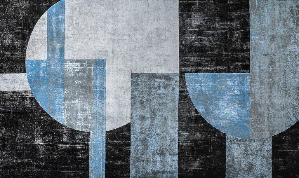 A black and blue and white art piece