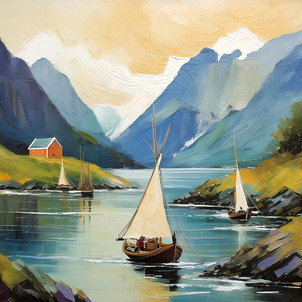A painting of boats on a lake