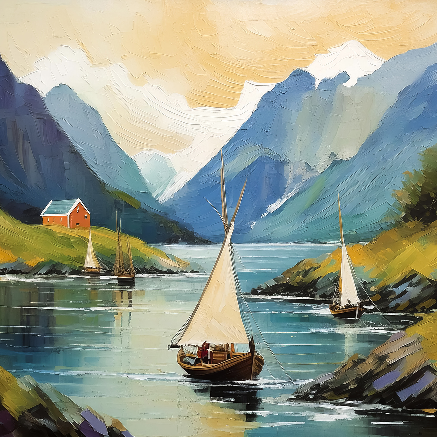 A painting of boats on a lake