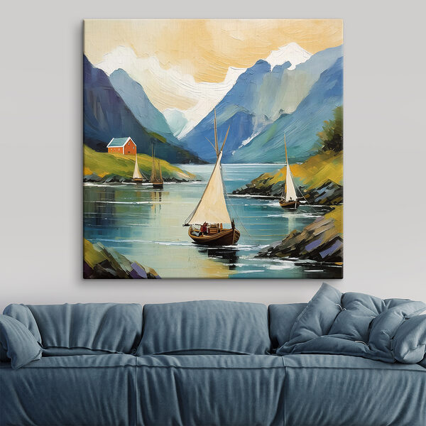 A painting of boats on a lake
