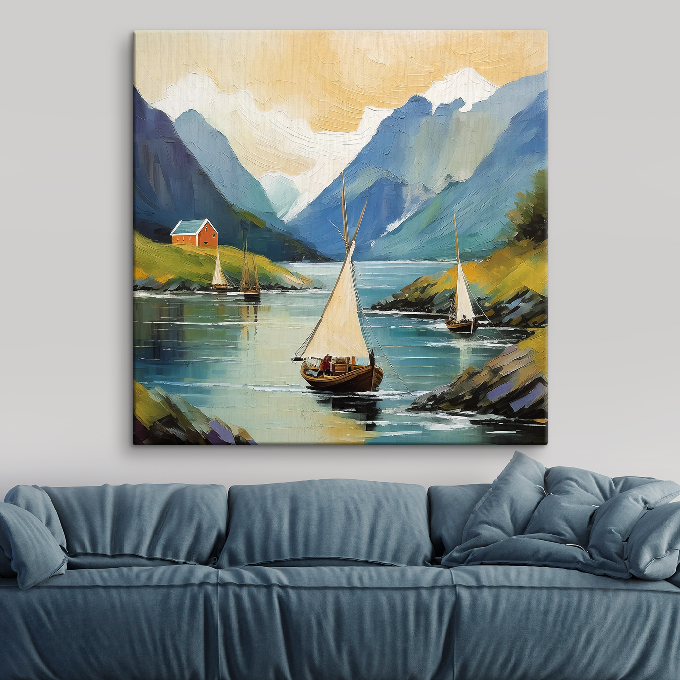 A painting of boats on a lake