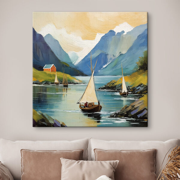 A painting of boats on a lake