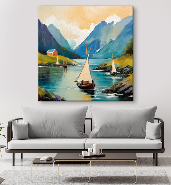 A painting of boats on a lake