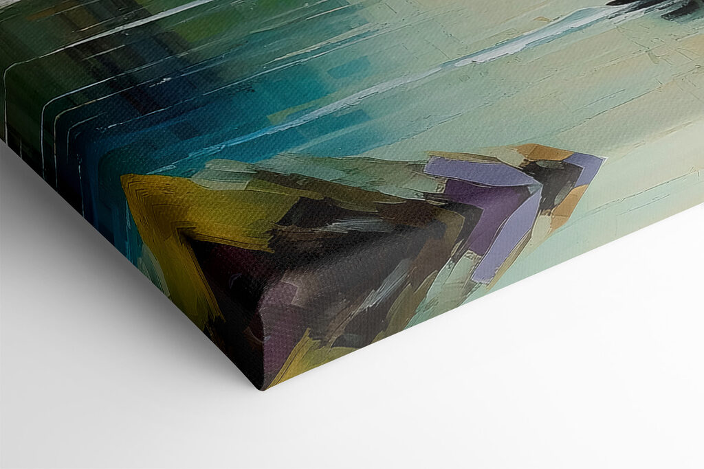 A painting of boats on a lake