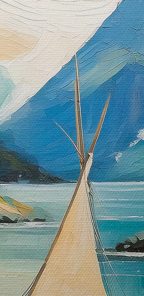 A painting of boats on a lake