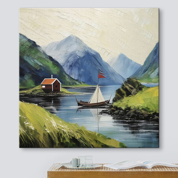 Cuadros Un cuadro en el que se ve un barco en un lago, con montañas y una casa (SKU: s39421) Cuadros Cuadros Un cuadro en el que se ve un barco en un lago, con montañas y una casa (SKU: s39421)