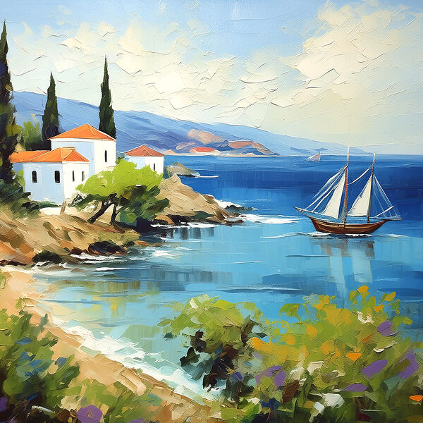 A painting of a boat on the water A painting of a boat on the water