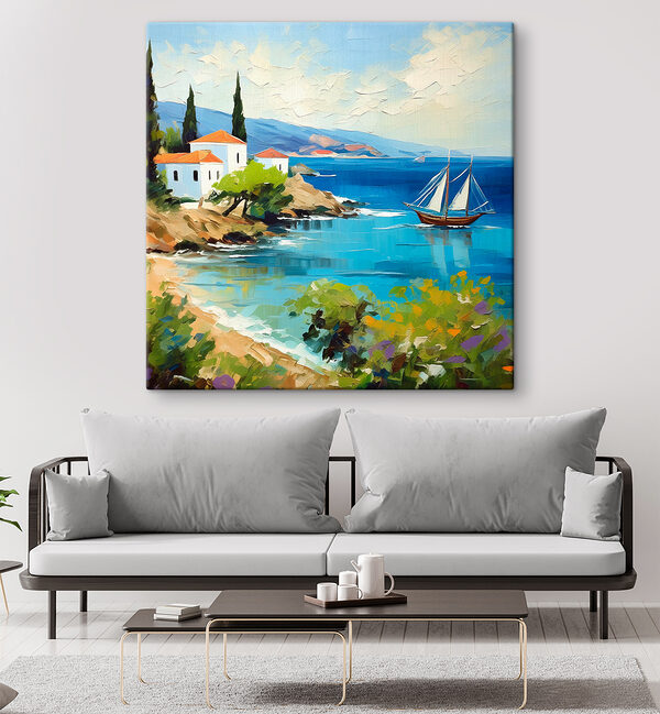 A painting of a boat on the water A painting of a boat on the water