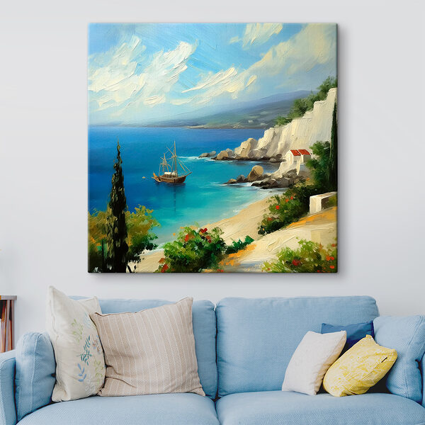 A painting of a boat in the water A painting of a boat in the water