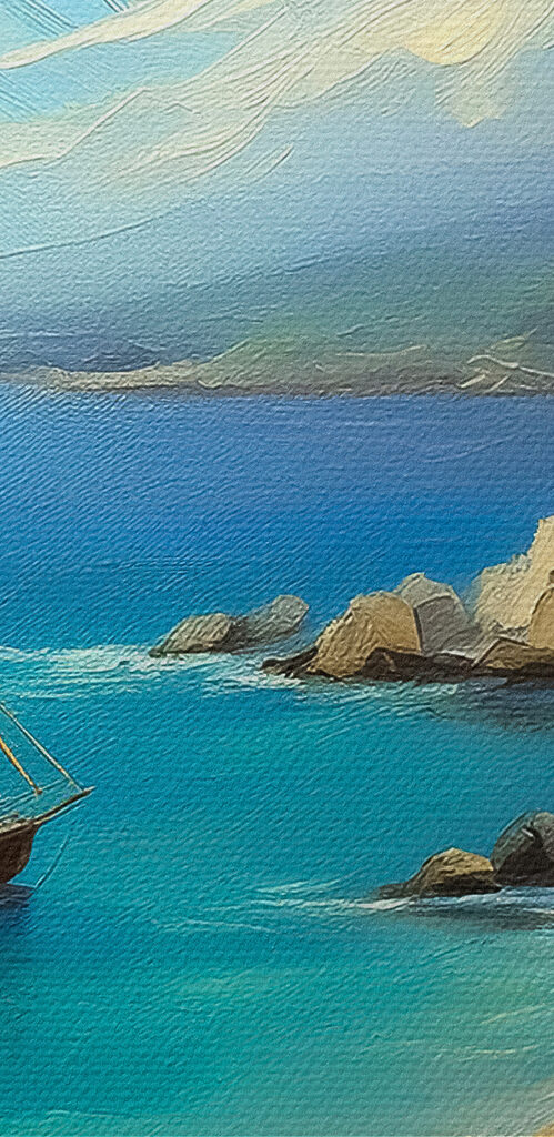 A painting of a boat in the water A painting of a boat in the water