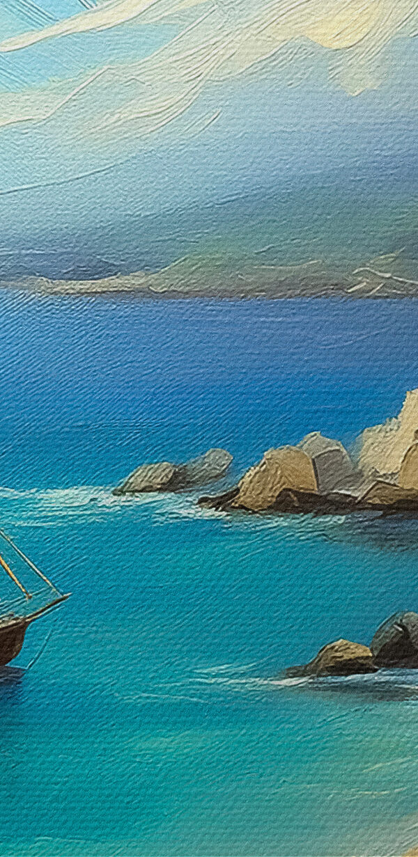 A painting of a boat in the water A painting of a boat in the water