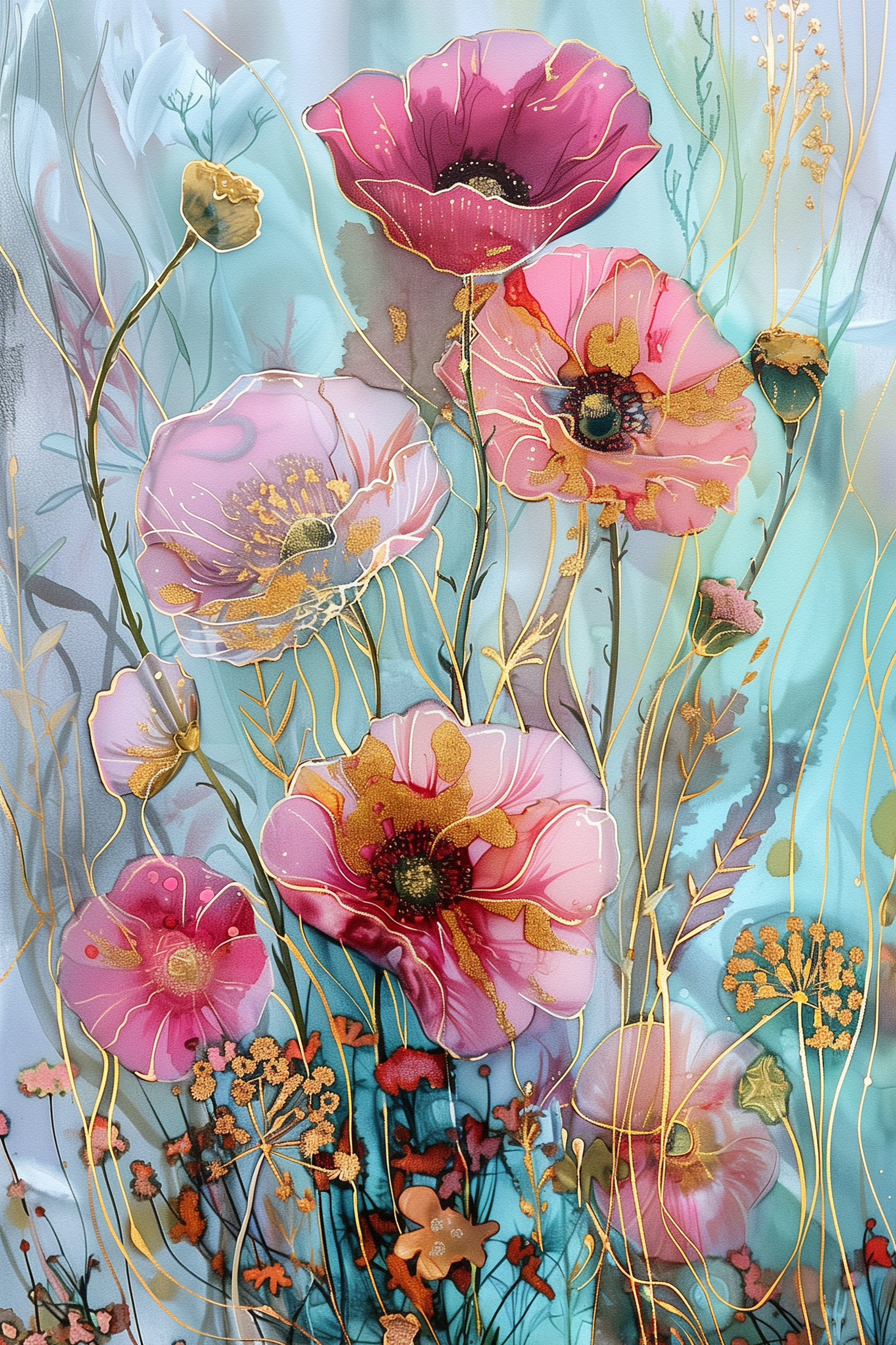 A painting of flowers on a blue background A painting of flowers on a blue background