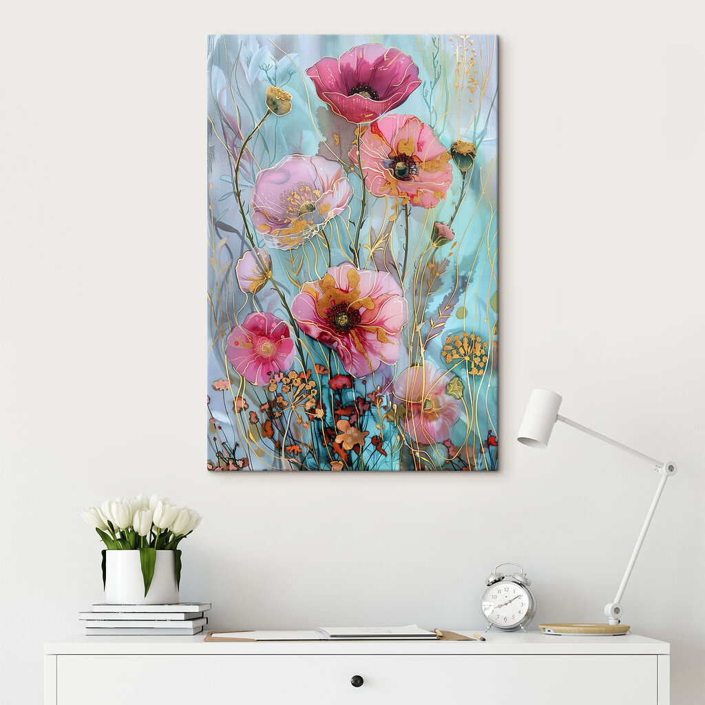 A painting of flowers on a blue background A painting of flowers on a blue background