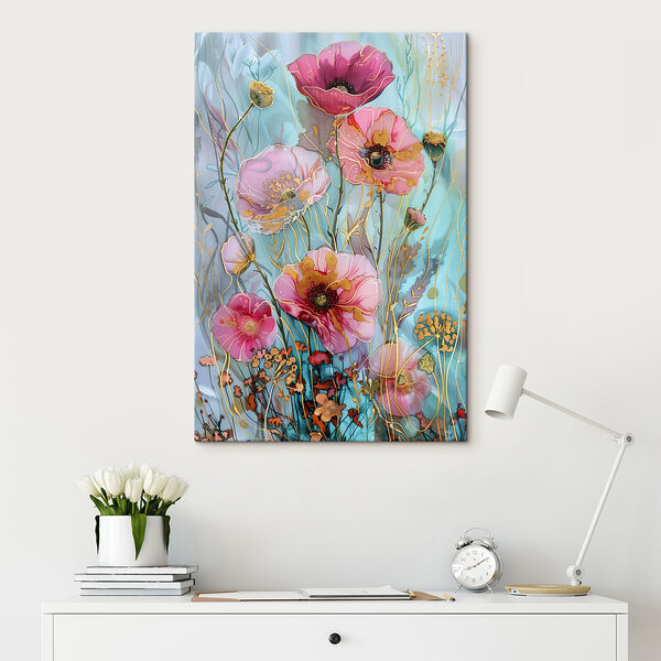 A painting of flowers on a blue background A painting of flowers on a blue background