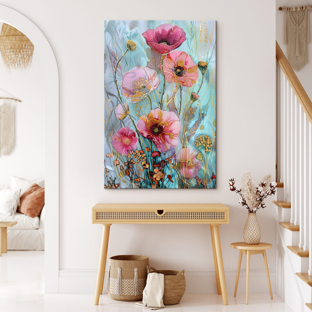 A painting of flowers on a blue background A painting of flowers on a blue background
