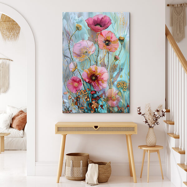 A painting of flowers on a blue background A painting of flowers on a blue background