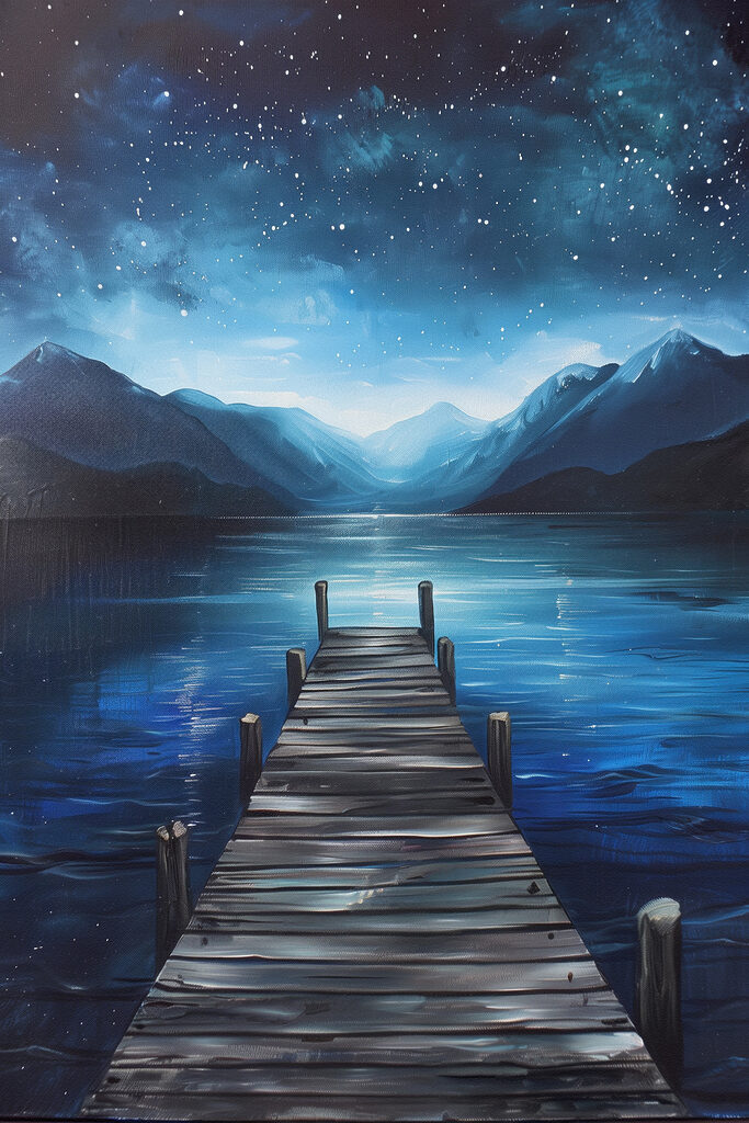 A painting of a dock on a lake