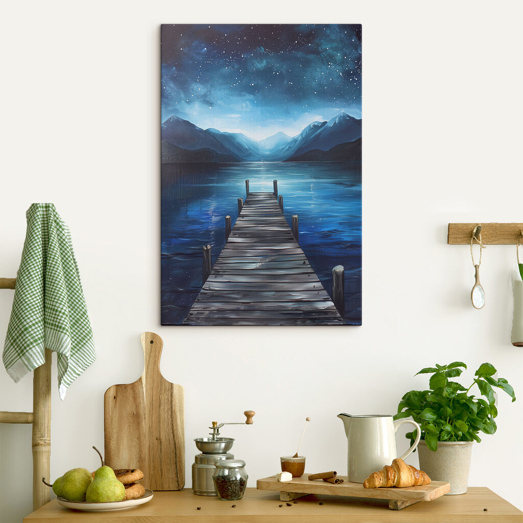 A painting of a dock on a lake