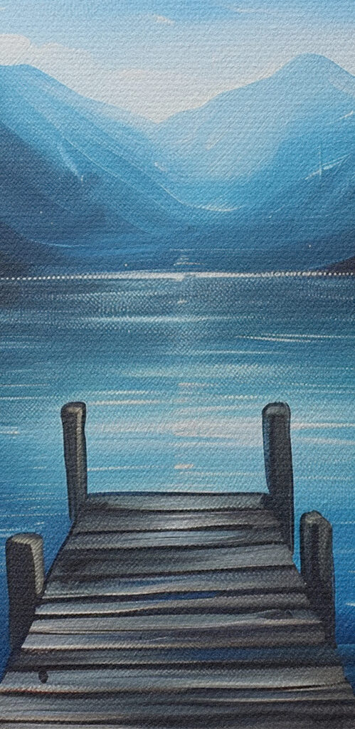 A painting of a dock on a lake