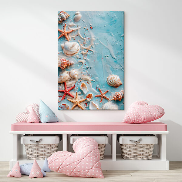 Cuadros Cuadros Un grupo de conchas marinas y estrellas de mar sobre una superficie azul (SKU: s39220)
