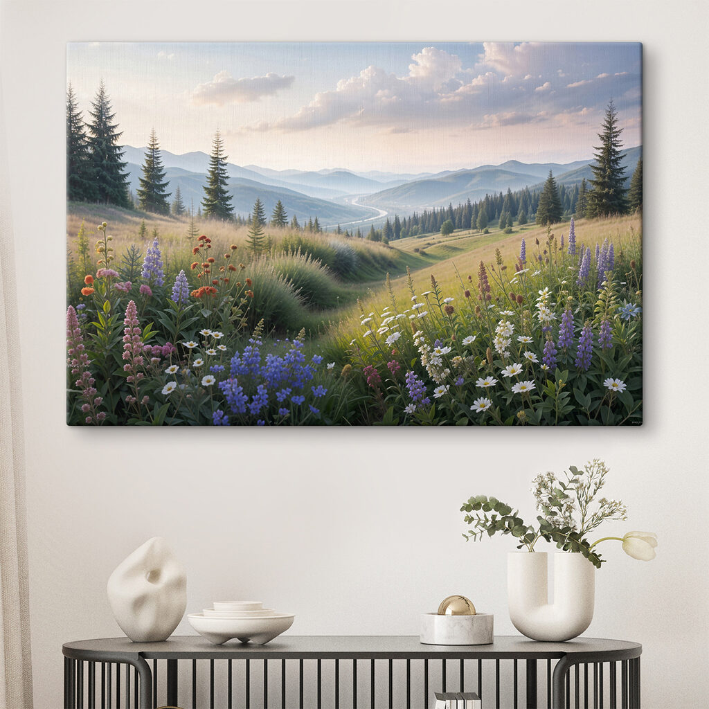 A field of flowers and trees