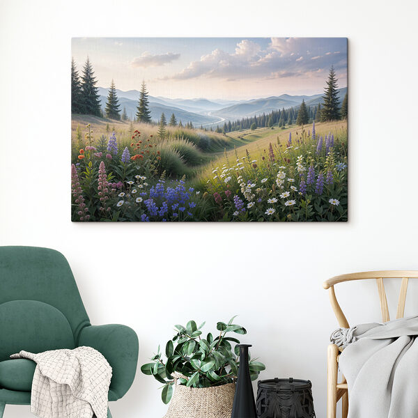 A field of flowers and trees