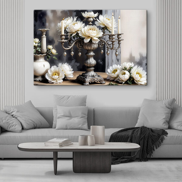 A silver candelabra with white flowers