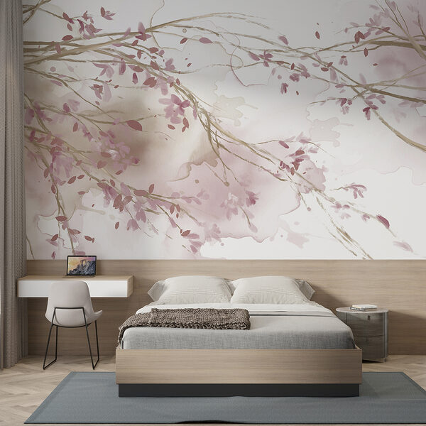 Watercolor of a tree branch with pink flowers