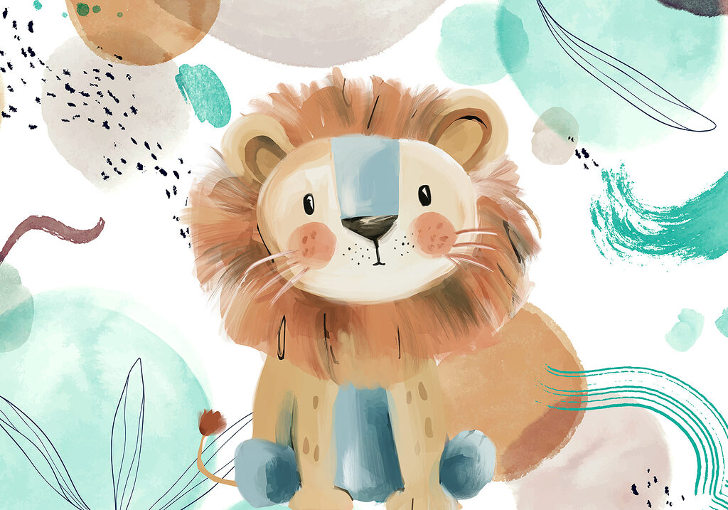León de dibujos animados con manchas azules y blancas León de dibujos animados con manchas azules y blancas