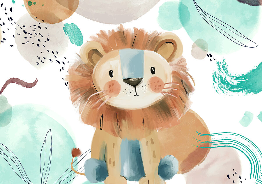 León de dibujos animados con manchas azules y blancas