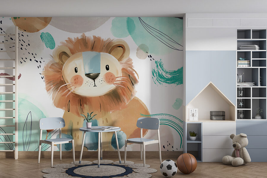 León de dibujos animados con manchas azules y blancas