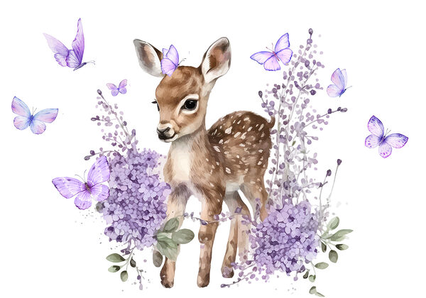 Cría de ciervo rodeada de flores moradas Cría de ciervo rodeada de flores moradas