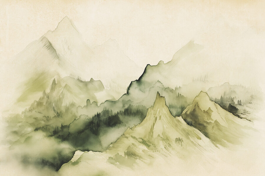 Pintura de montañas y niebla