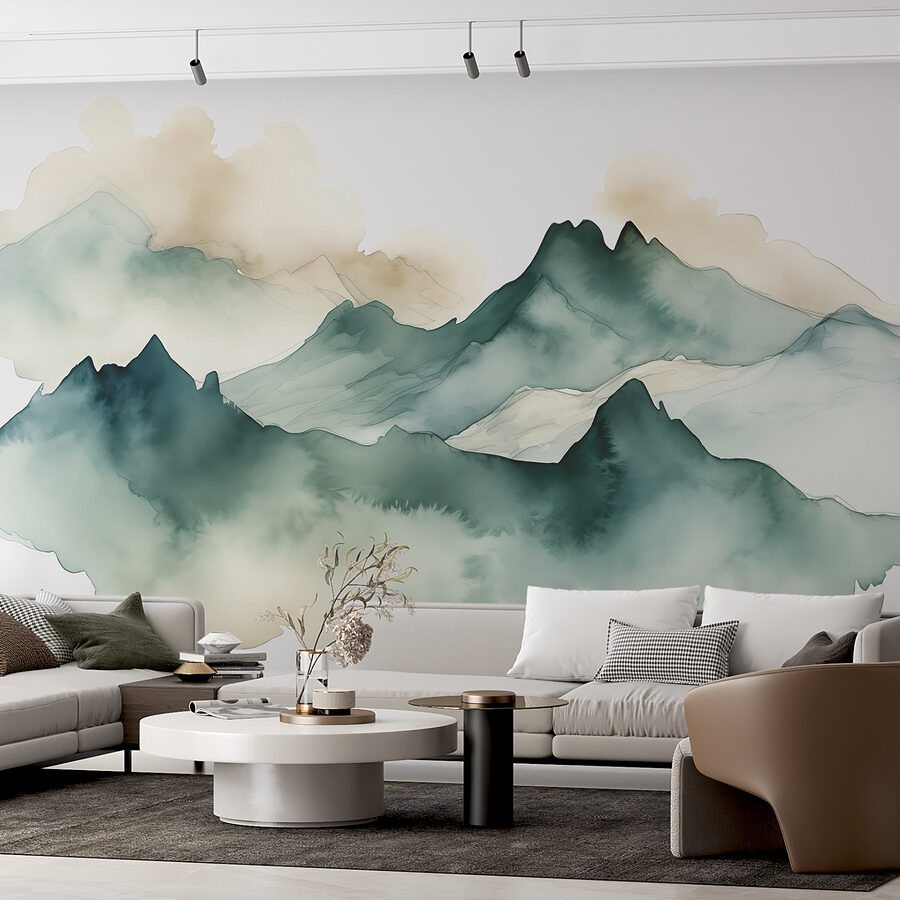 Pintura de montañas y niebla