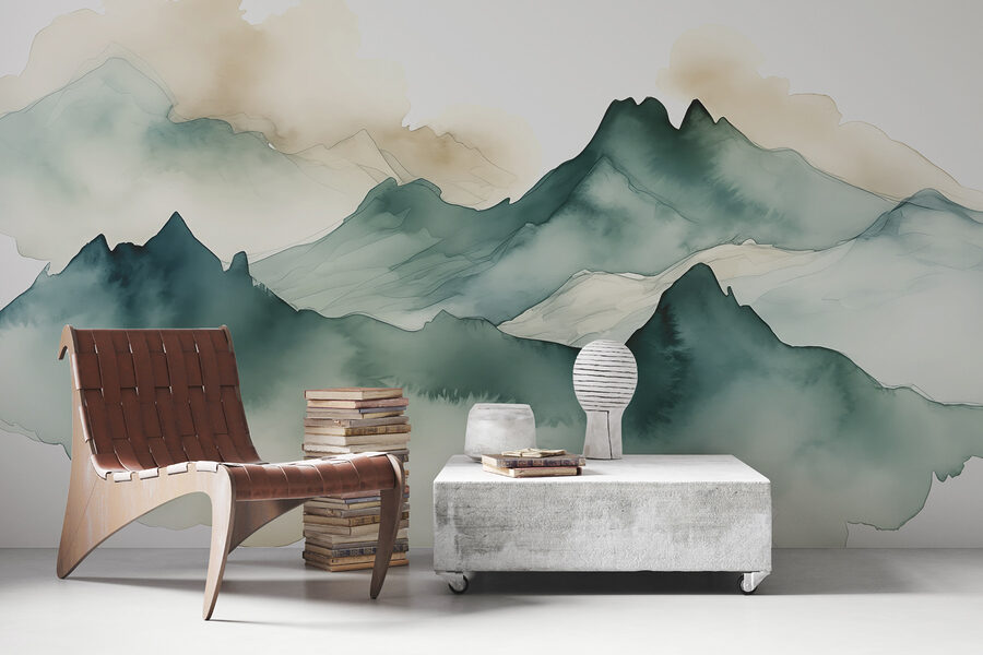 Pintura de montañas y niebla