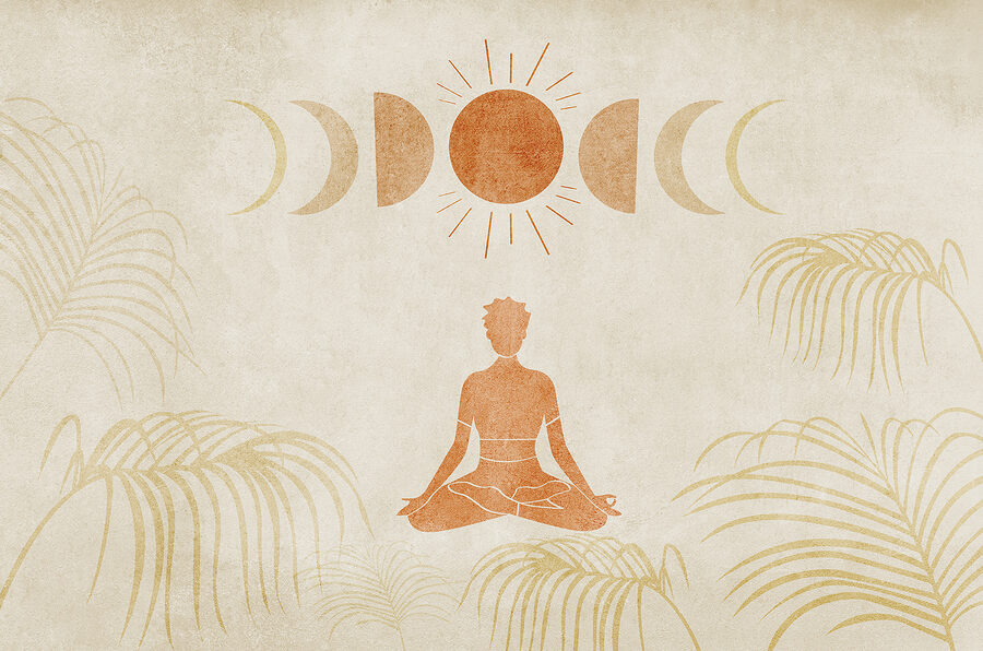 Dibujo de una persona meditando en medio del campo